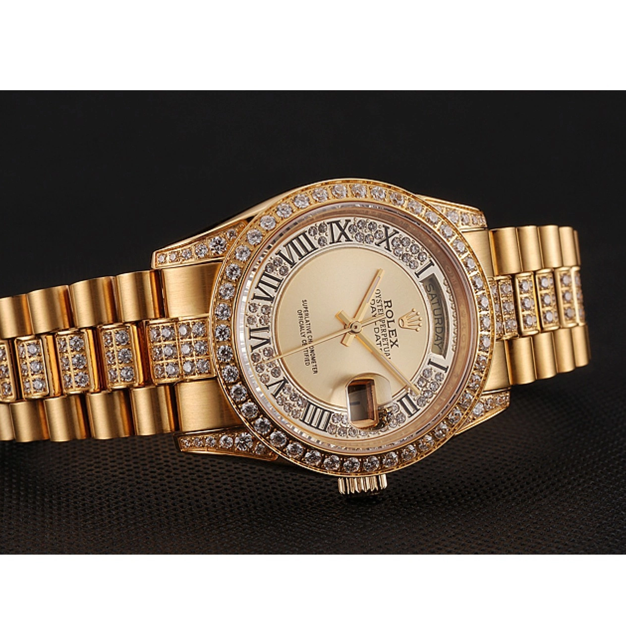 AAA Replica Watches Pave Dial Rolex Diamond Gold 1453954 Diamond Gold Swiss Day-Date Bracelet 0723